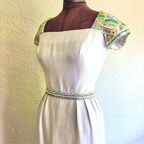 Vintage 1960’s Pat Sandler beaded white linen dress - Picture 1 of 10
